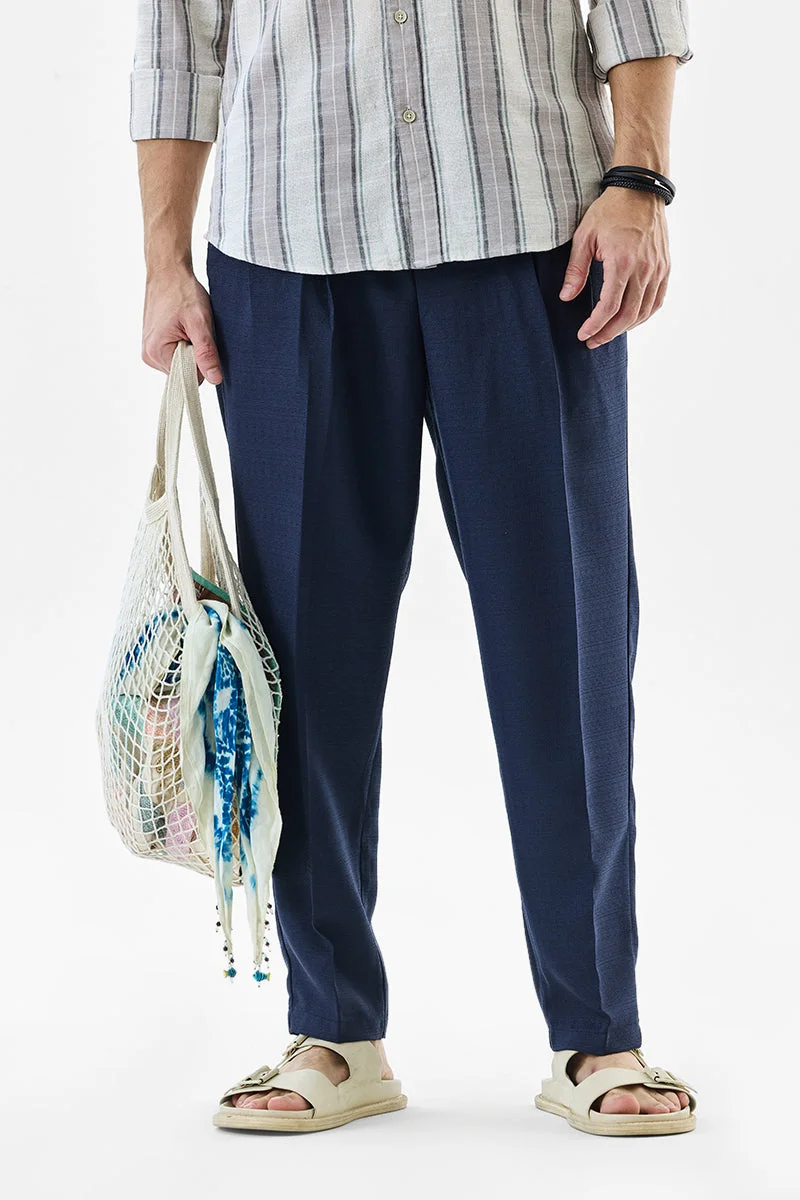 سنيتش Navy Blue Textured Regular Fit Casual Trousers