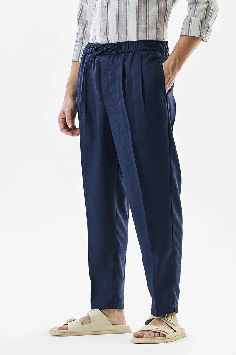 سنيتش Navy Blue Textured Regular Fit Casual Trousers