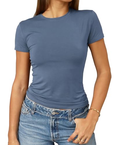 Abardsion Women's Casual Basic Going Out Crop Tops Slim Fit Short Sleeve Crew Neck Tight T Shirts 2025 (Haze Blue, S) - Image 1