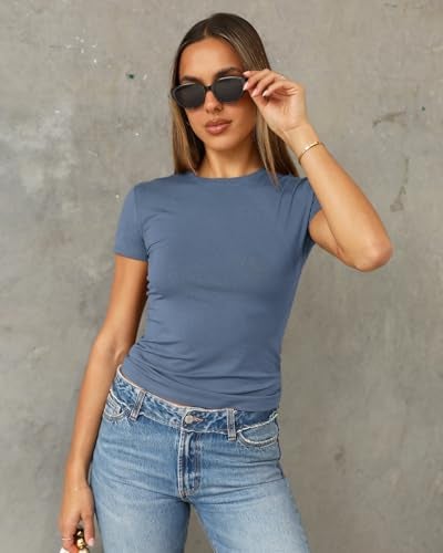 Abardsion Women's Casual Basic Going Out Crop Tops Slim Fit Short Sleeve Crew Neck Tight T Shirts 2025 (Haze Blue, S) - Image 2