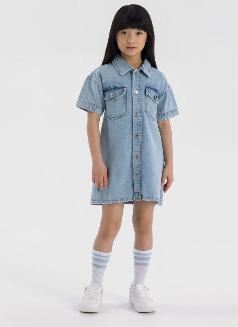 مينوتي Kids Girls Short Sleeve Collared Denim Dress