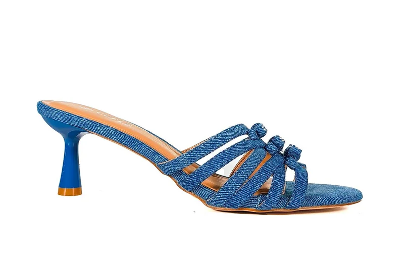 Denim Heeled Sandal with Bow Straps