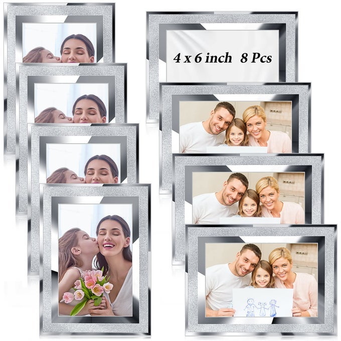 8 PCS 4X6 GLASS PICTURE FRAMES SPARKLE SILVER PHOTO FRAME GLITTER CRUSHED DIAMOND FRAME MIRROR EDGE FOR TABLETOP DISPLAY HORIZONTALLY OR VERTICALLY GIFT WEDDING SELF DESK