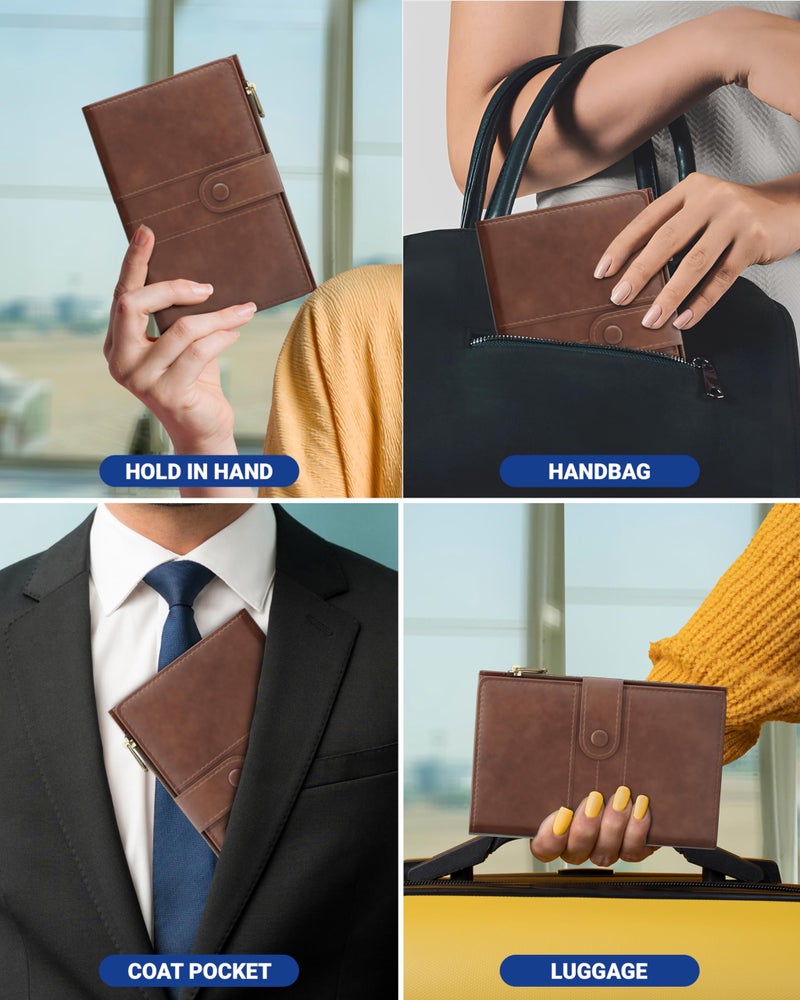 FEDUS Brown, Faux Leather Passport Holder for Men, Passport Holder for Women's Passport Cover Case Wallet, Boarding Pass Slots RFID Protected Travel Accessories Organiser - Image 3
