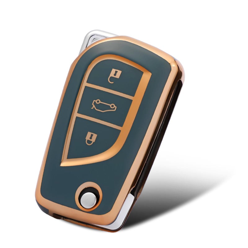 WORCAS Compatible with Toyota Key Fob Cover with Gold Pattern Soft TPU 360 Degree Protection Key Case for Fortuner Tundra Camry RAV4 Highlander Corolla Smart Key Gray