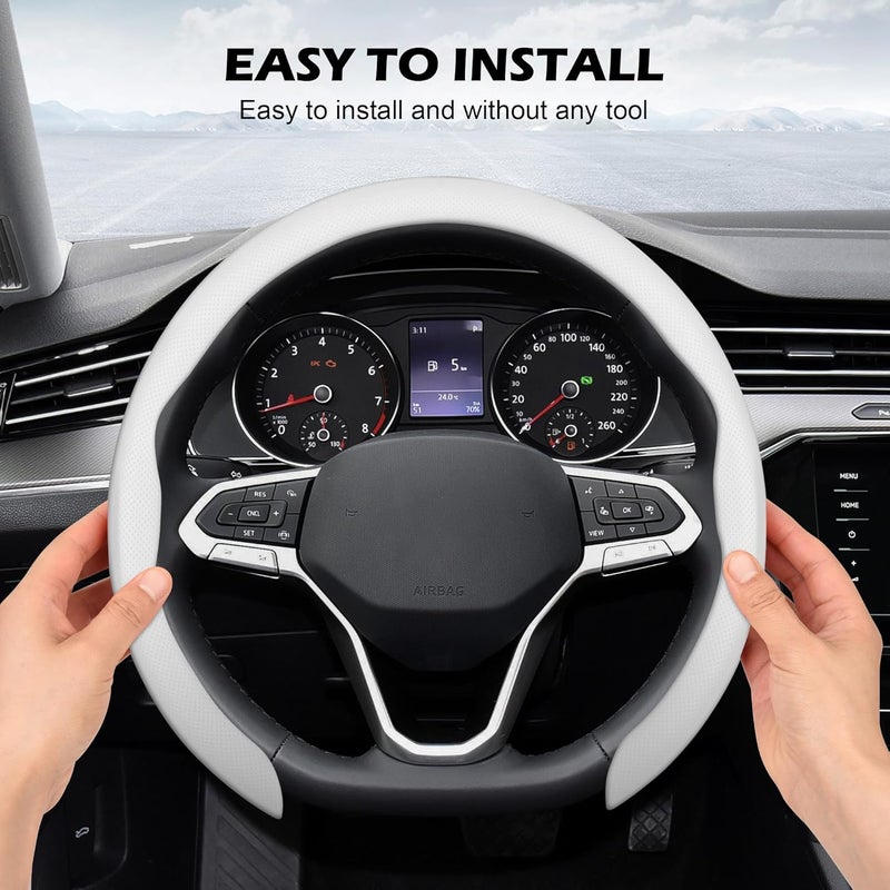 frani Nappa Leather Steering Wheel Cover, Universal 15 Inch Premium Non-Slip Steering Wheel Cover White - Image 3