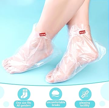 Qianyu أغطية أفلام القدم القابلة للتصرف من Qianyu 100 قطعة من الجوارب البلاستيكية المرطبة لحمام البارافين للأقدام، أكياس شمع البارافين المضادة للتشقق للعناية بالبشرة الجافة والمتشققة، أحذية تجريبية - Image 3