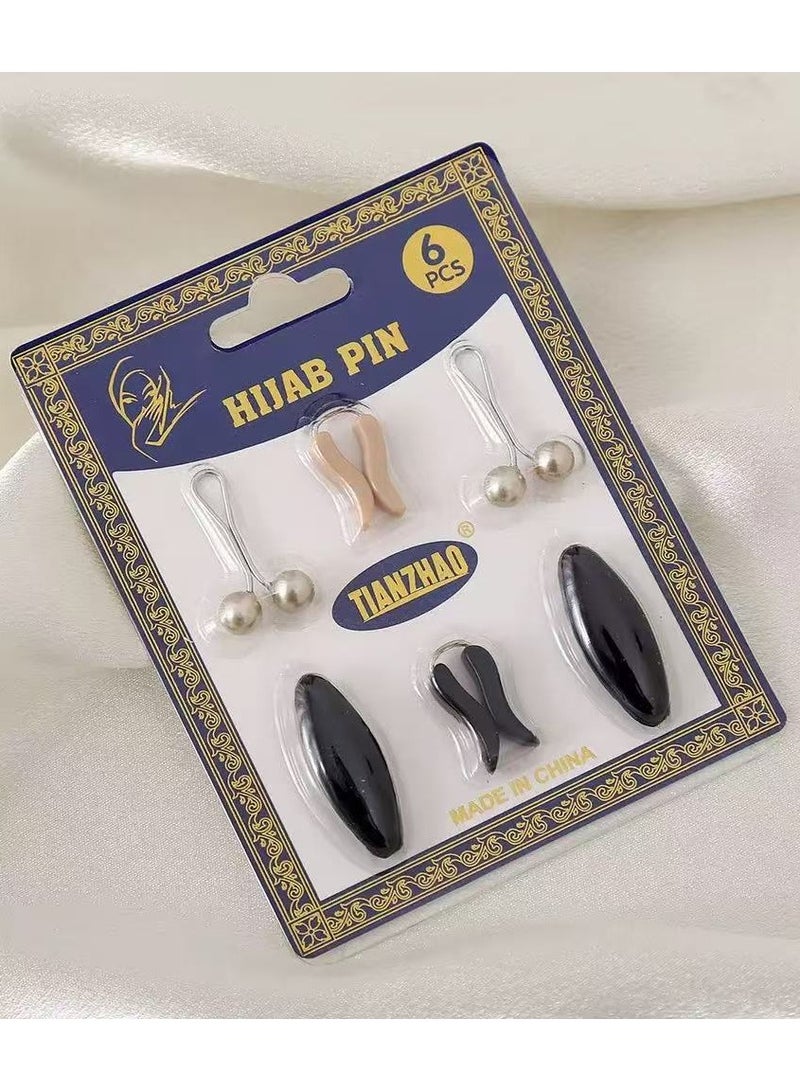 Fashion Hijab Pins,Muslim Women Faux Pearl Scarf Clips Pin-Less Scarf Clips ,Scarf Safety Pins,plastic Hijab U Clips,3 models 6 pcs for Women Muslim Scarf Clothing-Black&Gold - Image 1