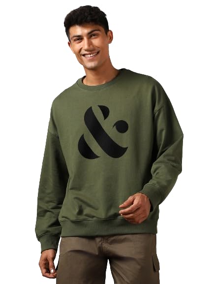 NOBERO Men's Olive Green Oversized & Printed Fleece Crew Neck Sweatshirt (Olive, X_Large) - Image 1