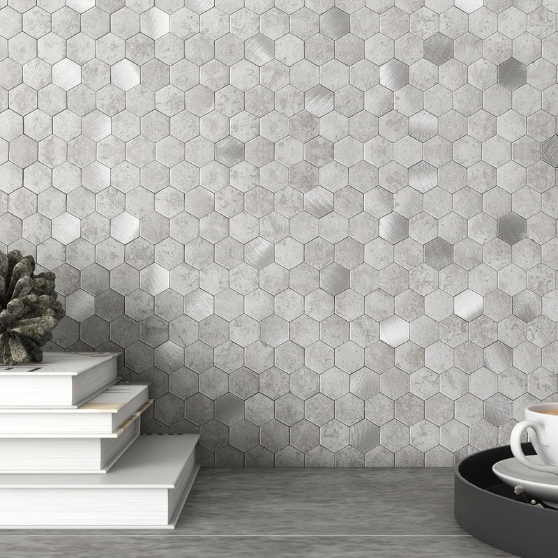 M MOFIT MOFIT Hexagon Peel and Stick Backsplash Tiles Kitchen,Self-Adhesive Metal and Marble Honeycomb Peel and Stick Wall Tiles Sticker Mosaic Heat Resistant(Cement Grey,10sheets) - Image 1