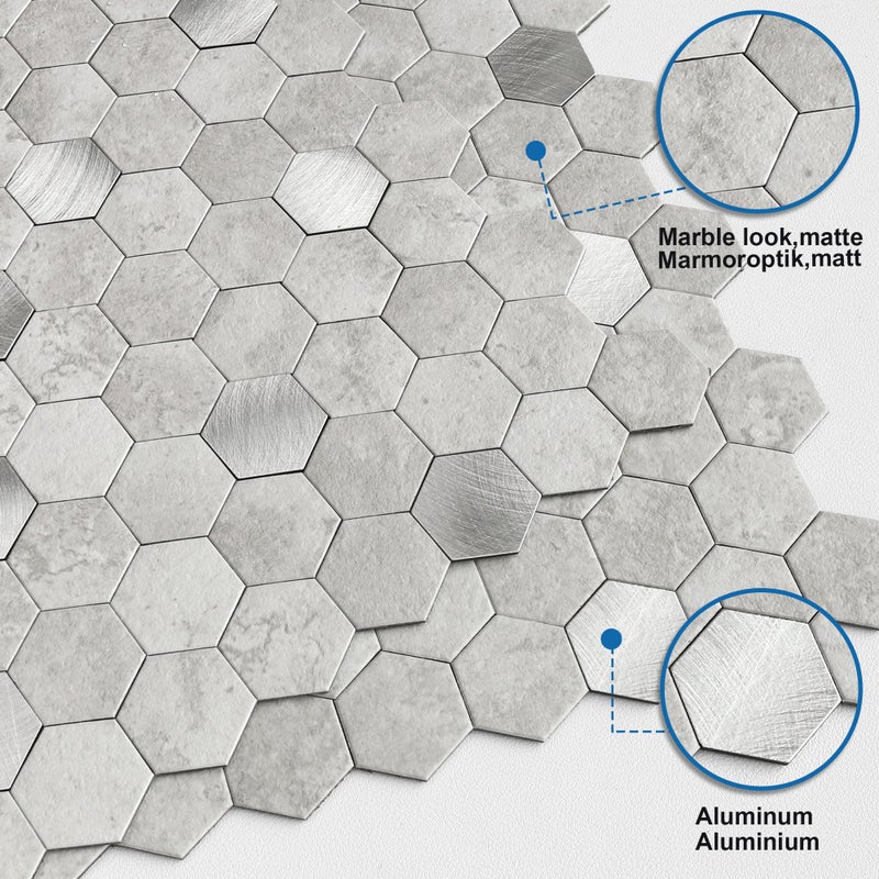 M MOFIT MOFIT Hexagon Peel and Stick Backsplash Tiles Kitchen,Self-Adhesive Metal and Marble Honeycomb Peel and Stick Wall Tiles Sticker Mosaic Heat Resistant(Cement Grey,10sheets) - Image 2