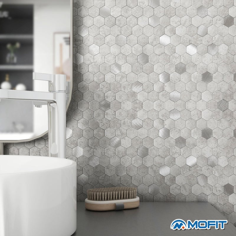 M MOFIT MOFIT Hexagon Peel and Stick Backsplash Tiles Kitchen,Self-Adhesive Metal and Marble Honeycomb Peel and Stick Wall Tiles Sticker Mosaic Heat Resistant(Cement Grey,10sheets) - Image 3