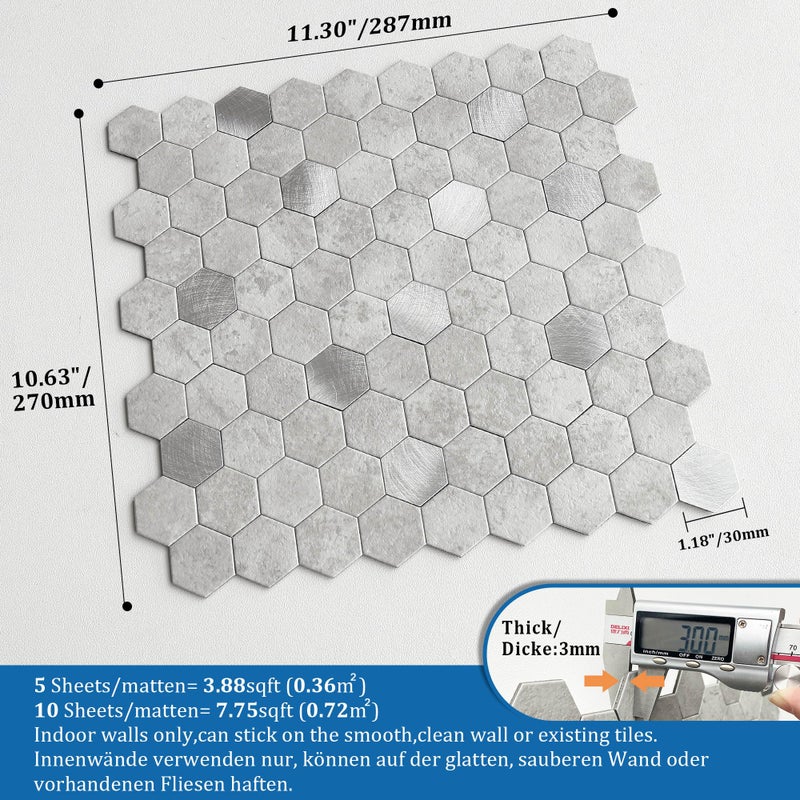 M MOFIT MOFIT Hexagon Peel and Stick Backsplash Tiles Kitchen,Self-Adhesive Metal and Marble Honeycomb Peel and Stick Wall Tiles Sticker Mosaic Heat Resistant(Cement Grey,10sheets) - Image 5