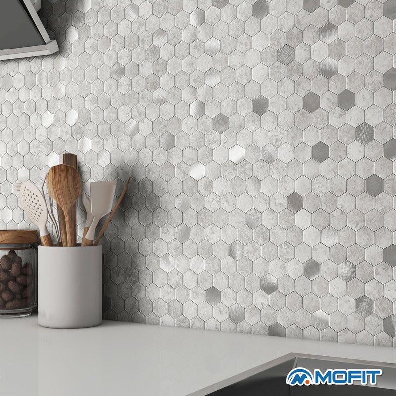 M MOFIT MOFIT Hexagon Peel and Stick Backsplash Tiles Kitchen,Self-Adhesive Metal and Marble Honeycomb Peel and Stick Wall Tiles Sticker Mosaic Heat Resistant(Cement Grey,10sheets) - Image 4