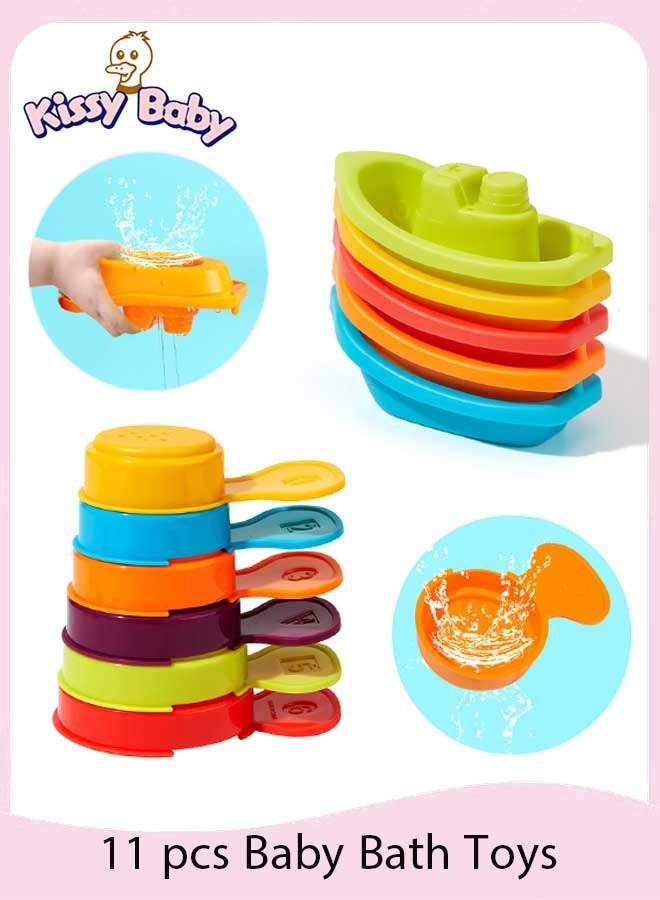قبلة طفل ألعاب حمام الطفل للأطفال الصغار | 11PCS العفن الحرة حوض الاستحمام ألعاب اللعب المياه مع القوارب العائمة وملاعق الحمام، حمام السباحة والمياه الجدول اللعب للأطفال الرضع والأطفال الصغار التعلم المبكر الهدايا التعليمية، لون قوس قزح - Image 1