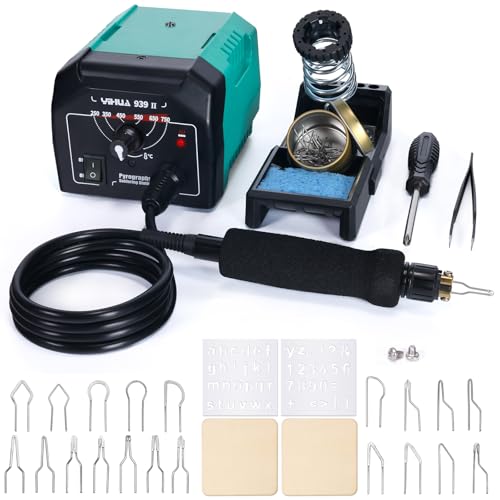 YIHUA 939-II Wood Burning Kit Station Pyrography pen 250~750℃/482~1382℉ Temperature Adjustable with 20 Wire Nibs, 1 stable pen holder, 2 stencils, 2 scrap wood, 1 S/S Tweezers, and 1 pliers (Green) - Image 1