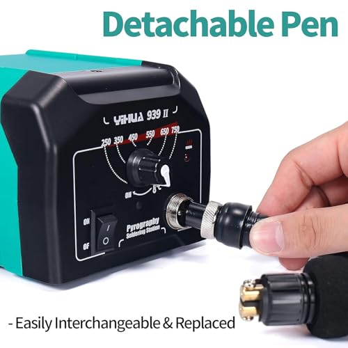 YIHUA 939-II Wood Burning Kit Station Pyrography pen 250~750℃/482~1382℉ Temperature Adjustable with 20 Wire Nibs, 1 stable pen holder, 2 stencils, 2 scrap wood, 1 S/S Tweezers, and 1 pliers (Green) - Image 3