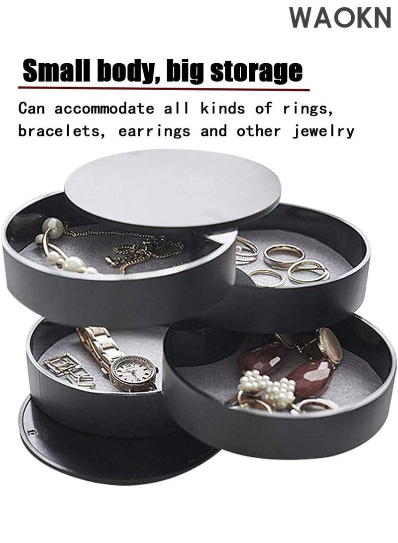 WAOKN 4-Layer Rotating Jewelry Organizer Box – Portable Travel Jewelry Storage Case with Lid for Earrings, Rings, Bracelets, Necklaces – Compact Jewelry Tray for Women, Girls – Anti-Tarnish & Scratch-Proof Design – Elegant Black Gift Box - Image 2