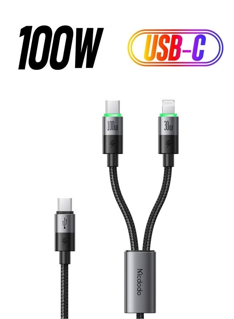 Mcdodo 100W 2-in-1 USB-C to USB-C & USB-C to Lightning-Compatible Fast Charging Cable, PD High-Speed Charger Nylon Braided Durable 1.2M Aluminum Alloy Connector Universal Charging & Data Sync Cable - Image 1