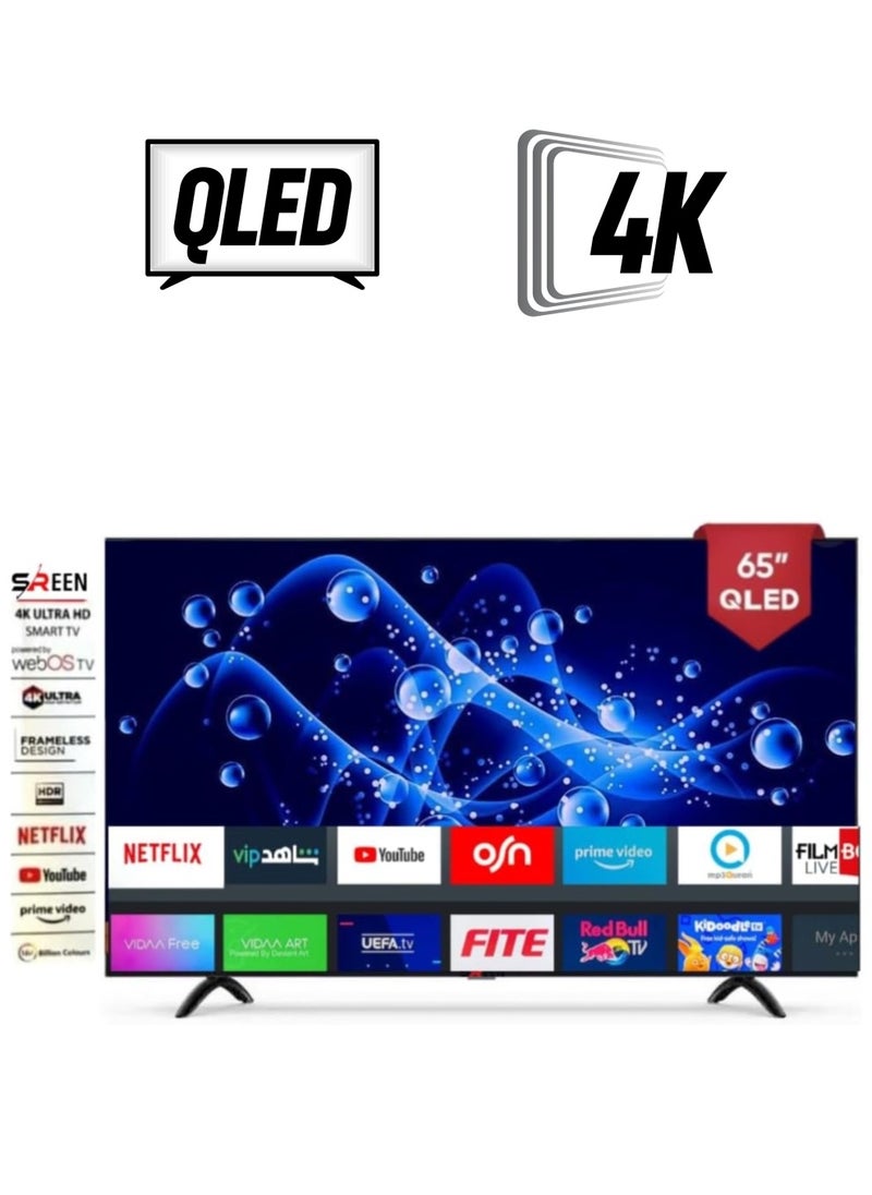 سرين شاشة Sreen بحجم 65 بوصة، تقنية 4K QLED، تلفزيون ذكي، نظام WebOS، منافذ HDMI وUSB، شاشة بدون إطار، اللون الأسود - الموديل SRET-65S4KWQ1  - Image 1