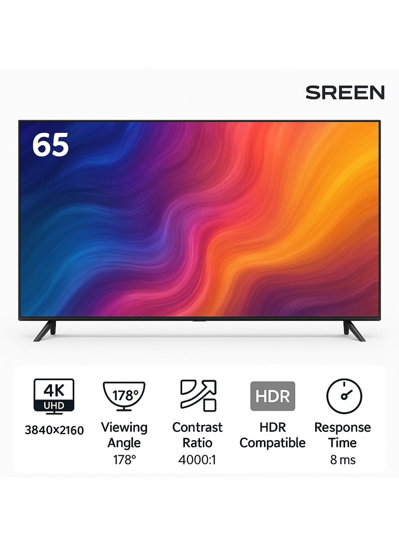 شاشة Sreen بحجم 65 بوصة، تقنية 4K QLED، تلفزيون ذكي، نظام WebOS، منافذ HDMI وUSB، شاشة بدون إطار، اللون الأسود - الموديل SRET-65S4KWQ1