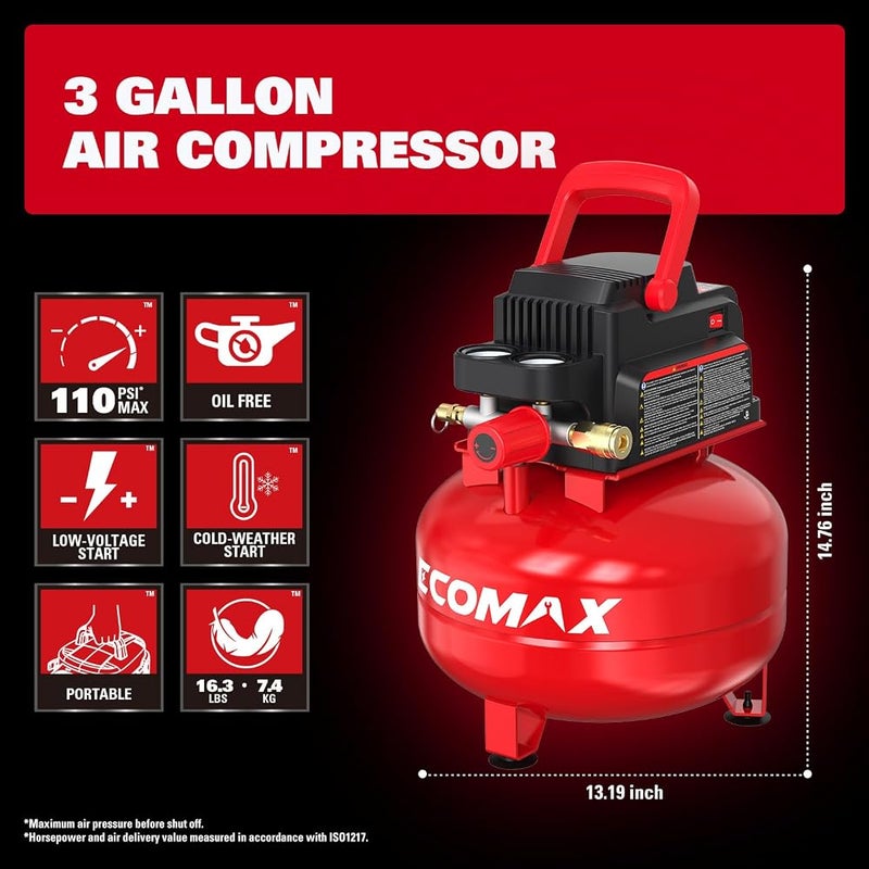 ECOMAX Air Compressor 3 Gallon 110 PSI Pancake Portable Oil-free Tank with 11 PCS Accessories Kit - Image 3