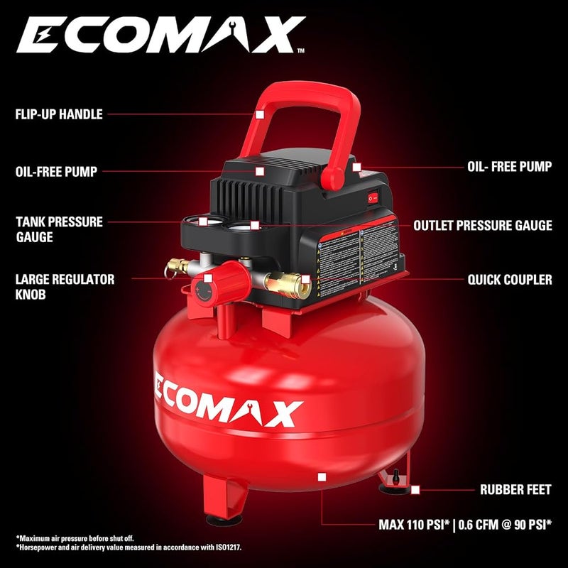 ECOMAX Air Compressor 3 Gallon 110 PSI Pancake Portable Oil-free Tank with 11 PCS Accessories Kit - Image 2