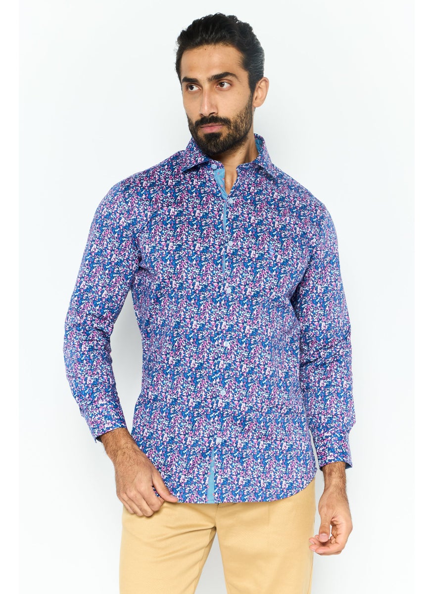 Tailorbyrd Men Regular Fit Long Sleeve Allover Printed Casual Shirt, Navy  - Image 1