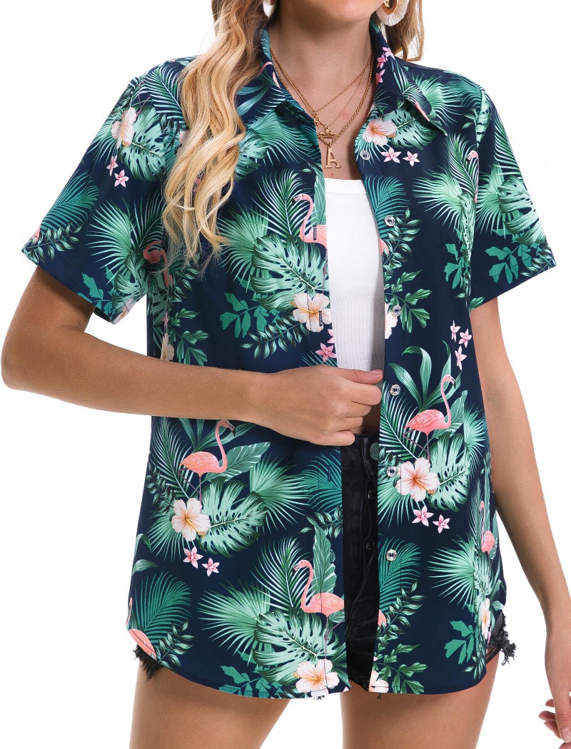 Mizvsitrd Hawaiian Shirts for Women, Hawaiian Shirt Beach Shirts Tropical Blouses for Women Aloha Outfits Luau Clothing Summer Ladies Button Up Short Sleeve Shirts for Vacaion, Flamingo Green, XL - Image 2