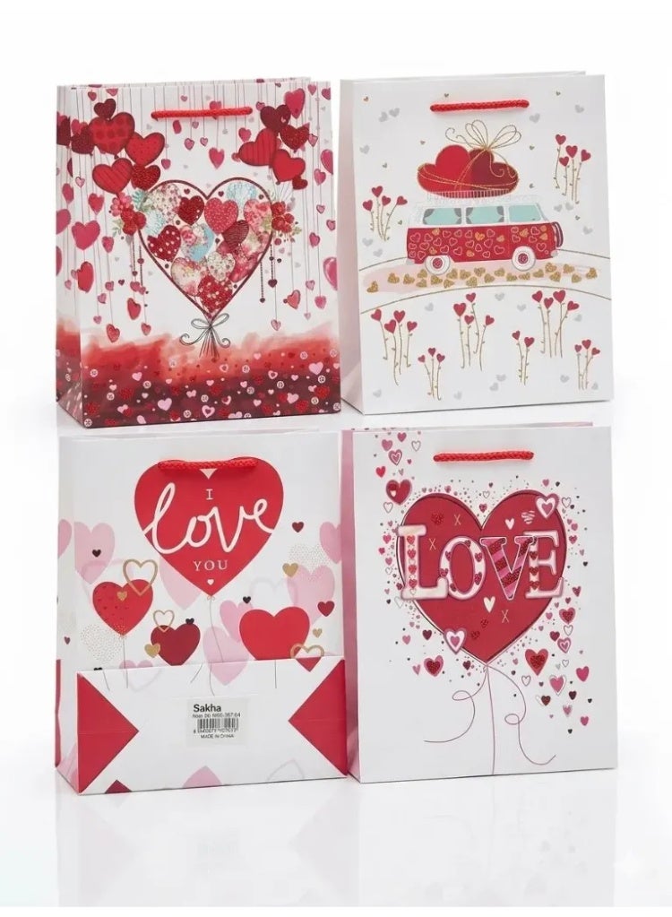 BUY4LESS - Gift Bags Pack of 4 with Handles – Romantic Heart Design Paper Gift Bags for Valentine’s Day, Anniversary, Wedding, Birthday, Love Theme Present Packaging
