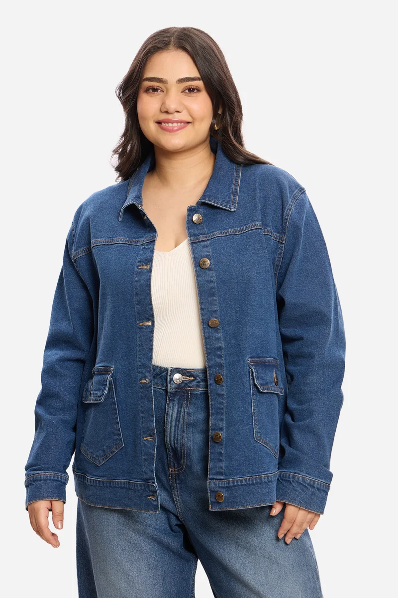 Virgio Solid Cotton Denim Plus Size Jacket for Women