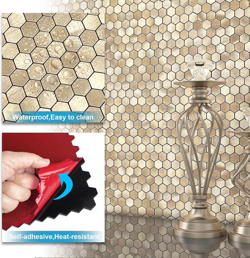 Benice Stick on Mosaic Tiles Kitchen Backsplash Stickers,Aluminium Tile Small Tiles Metal Hexagon Tiles Stickers(10sheets,Champagne Gold) - Image 5