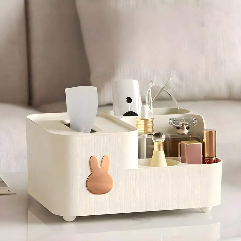 Jinila Tissue Paper Storage Holder Multi-Function 5 Compartment Desk Organizer Tissue, Remote Control, Mobile Phone and Stationery Storage Box for Home and Office (Pack of 1, Cream) - Image 1