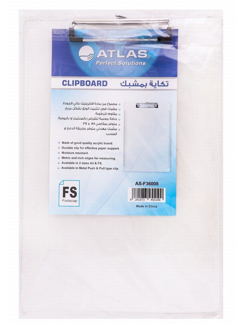 ATLAS لوح مشبك أكريليك شفاف بحجم Foolscap  - Image 1