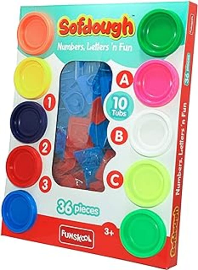 Nilco 9302500 Alphabet And Numbers Modeling Soft Dough Set Contains 10 Different Colours In Small Boxes For Kids With Endless Hours Of Entertainment - Multi Colour