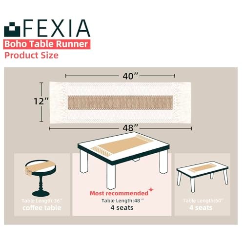 FEXIA Boho Table Runner 48 Inches Long with Tassels Thanksgiving Farmhouse Home Decor Rustic Cream & Brown Macrame Table Runner for Dining Bedroom Baby Bridal Shower Decor(12x48 Inches) - Image 2