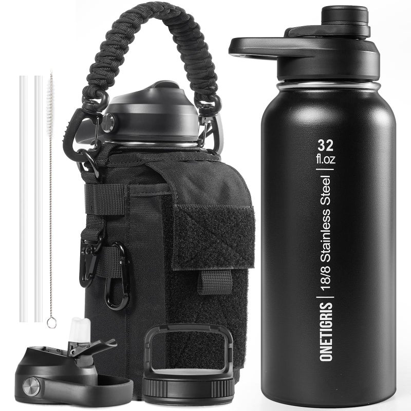 ONETIGRIS 32 oz Insulated Water Bottle with Straw - Tactical Stainless Steel Water Jug, Leakproof Thermos Wide Mouth Sport bottle with 3 Lids and Sleeve for Travel, Gym, Camping, Hiking - Image 1