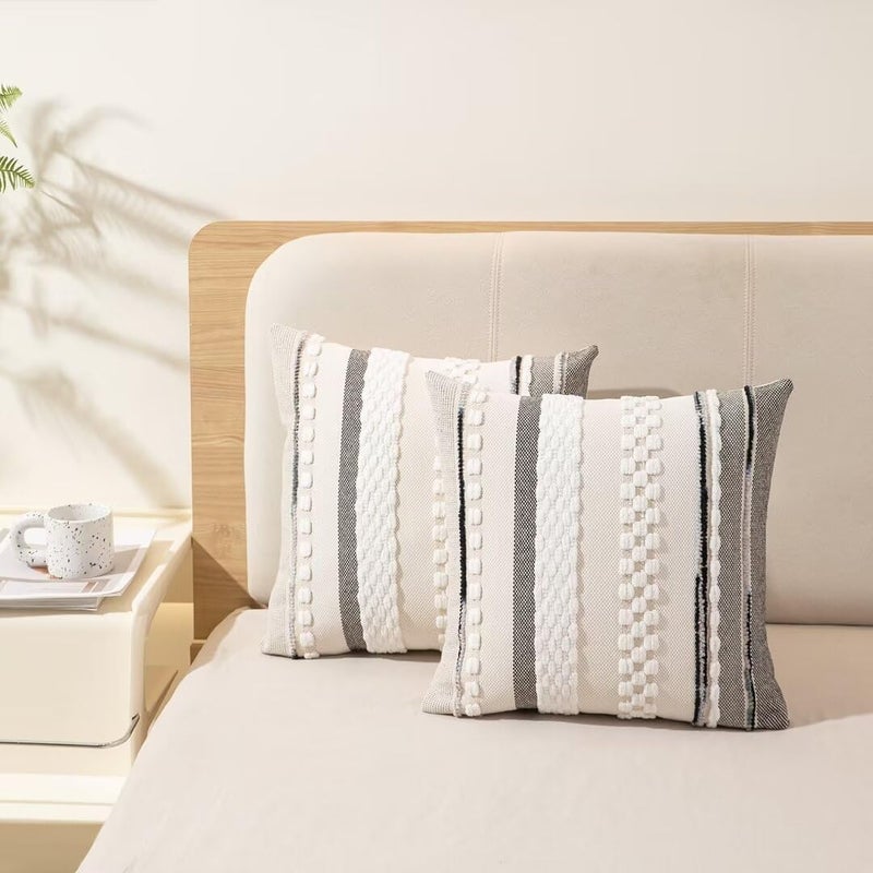 WANLIRD Boho Throw Pillow Covers 18x18 Set of 2 Farmhouse Decorative Cushion Case Striped Square Pillows Cover Chenille Pillow Cases Accent Neutral Pillowcase for Sofa Couch Bed,White - Image 5