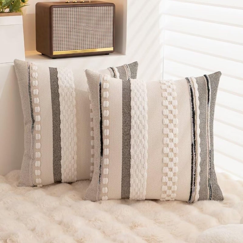 WANLIRD Boho Throw Pillow Covers 18x18 Set of 2 Farmhouse Decorative Cushion Case Striped Square Pillows Cover Chenille Pillow Cases Accent Neutral Pillowcase for Sofa Couch Bed,White - Image 4