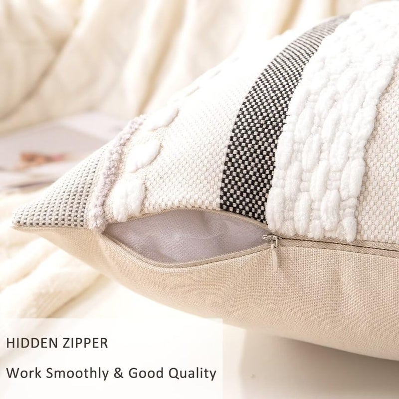 WANLIRD Boho Throw Pillow Covers 18x18 Set of 2 Farmhouse Decorative Cushion Case Striped Square Pillows Cover Chenille Pillow Cases Accent Neutral Pillowcase for Sofa Couch Bed,White - Image 3