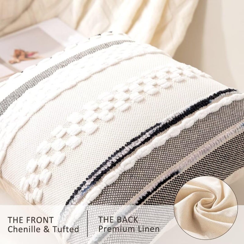 WANLIRD Boho Throw Pillow Covers 18x18 Set of 2 Farmhouse Decorative Cushion Case Striped Square Pillows Cover Chenille Pillow Cases Accent Neutral Pillowcase for Sofa Couch Bed,White - Image 2