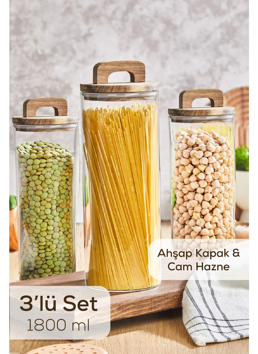 Vienev 3 Piece 1800 ml Wooden Lid and Handle Jar