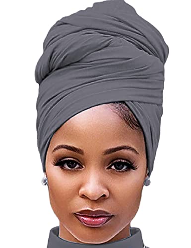 Harewom Turban Head Wraps for Black Women Jersey Hijab Scarves Cotton Fashion Headbands Long Plain Muslim Shawls Dark Grey - Image 1