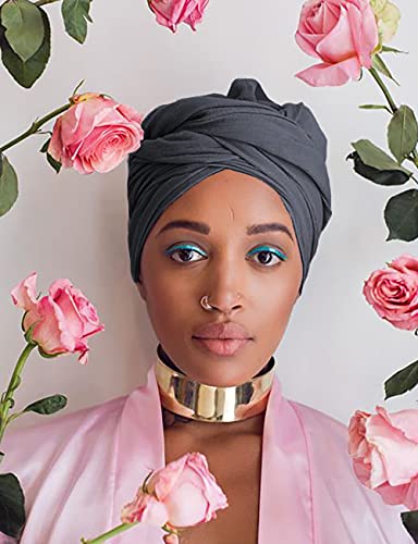 Harewom Turban Head Wraps for Black Women Jersey Hijab Scarves Cotton Fashion Headbands Long Plain Muslim Shawls Dark Grey - Image 5