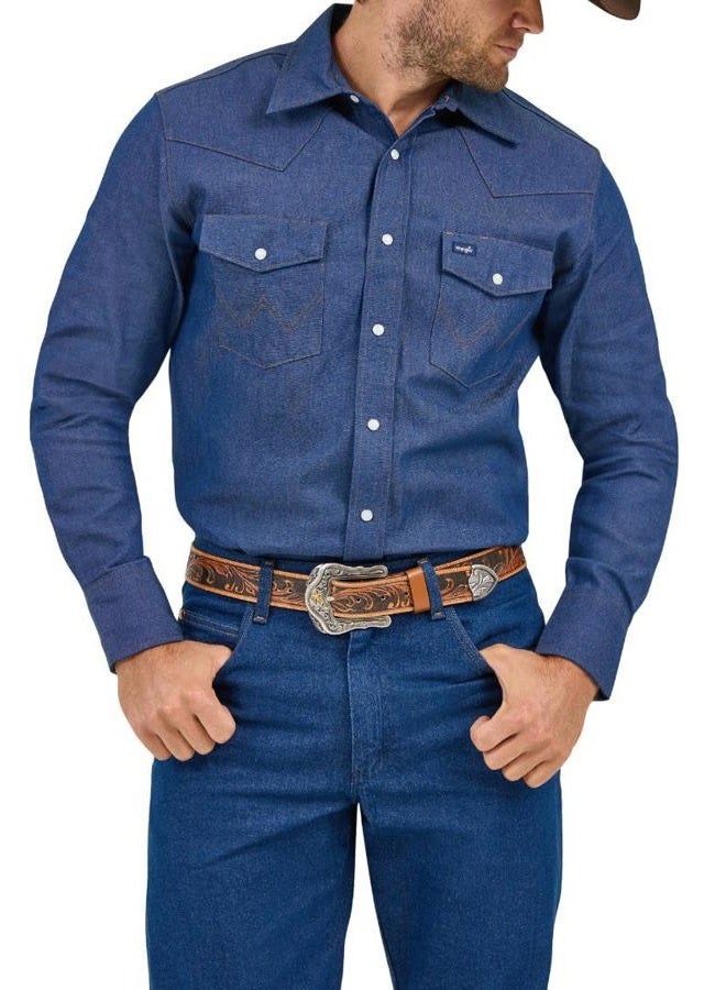 Wrangler Men's Cowboy Cut Western Long Sleeve Snap Work Shirt Washed Finish Button, Opaque, Indigo - Image 1