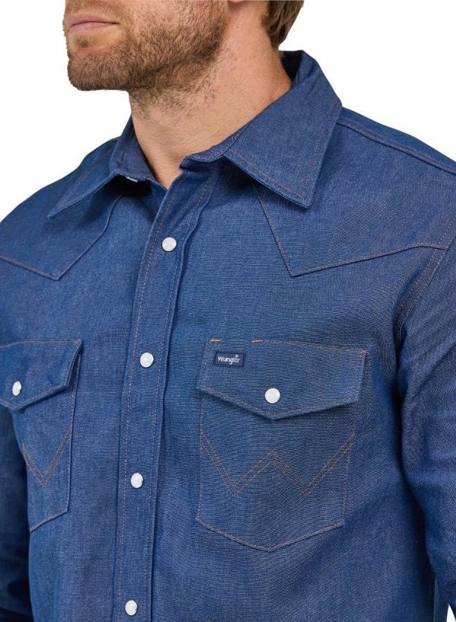 Wrangler Men's Cowboy Cut Western Long Sleeve Snap Work Shirt Washed Finish Button, Opaque, Indigo - Image 4