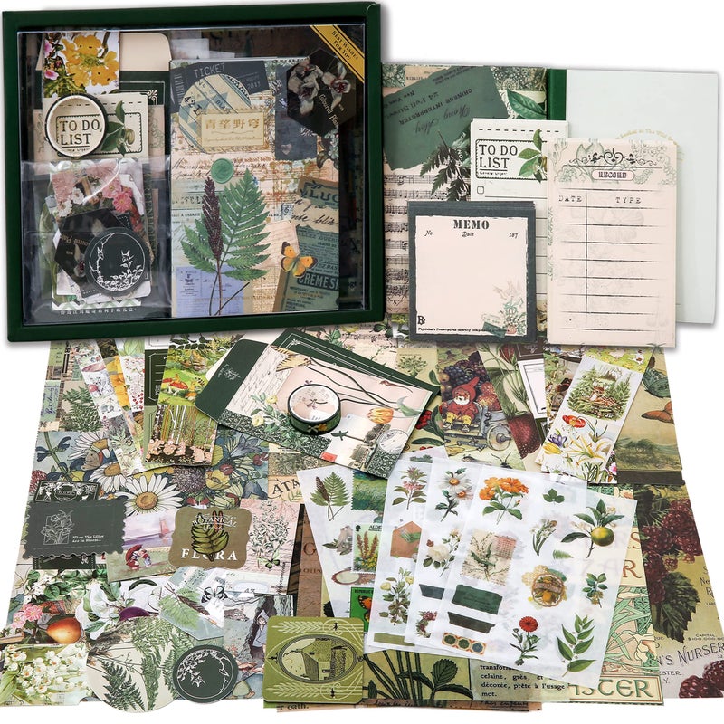 emmoolife Scrapbooking Supplies Kit, Vintage Botanical Aesthetic Scrapbook Kit for Bullet Junk Journal, Stationery, A6 Grid Notebook, Flower DIY Journaling Supplies, Birthday Craft Gift for Teen Girl Women - Image 1