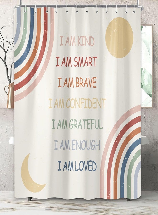 Pinpai Rainbow Shower Curtain for Kids, Inspirational Quotes Shower Curtain Set for Bathroom, Abstract Boho Positive Teen Fabric Shower Curtain Restroom Bathtub Decor Accessories with Hooks 72X 72 inch - Image 1