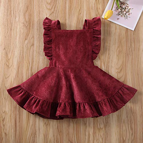 Karuedoo Baby Girls Velvet Suspender Skirt Infant Toddler Ruffled Casual Strap Sundress Summer Outfit Clothes (2-3T, Wine Red 2(Velvet)) - Image 3