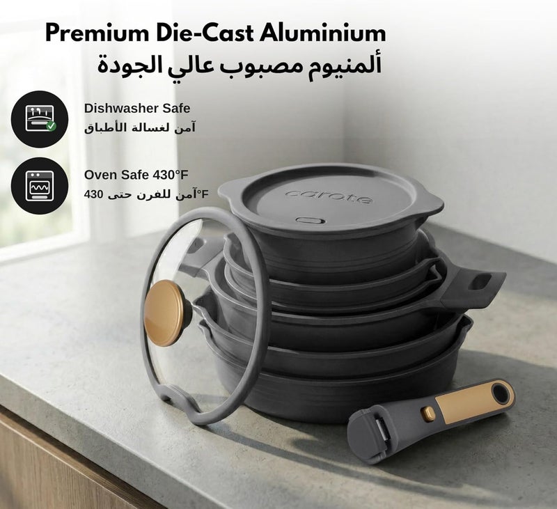 CAROTE 24-Piece Nonstick Cookware Set with Detachable Handle, Stackable Pots & Pans, PFOA-Free Aluminum Healthy Cooking Set with Pour Spouts, All Kitchen Stovetop Compatible, Dishwasher Safe (Black) - Image 4